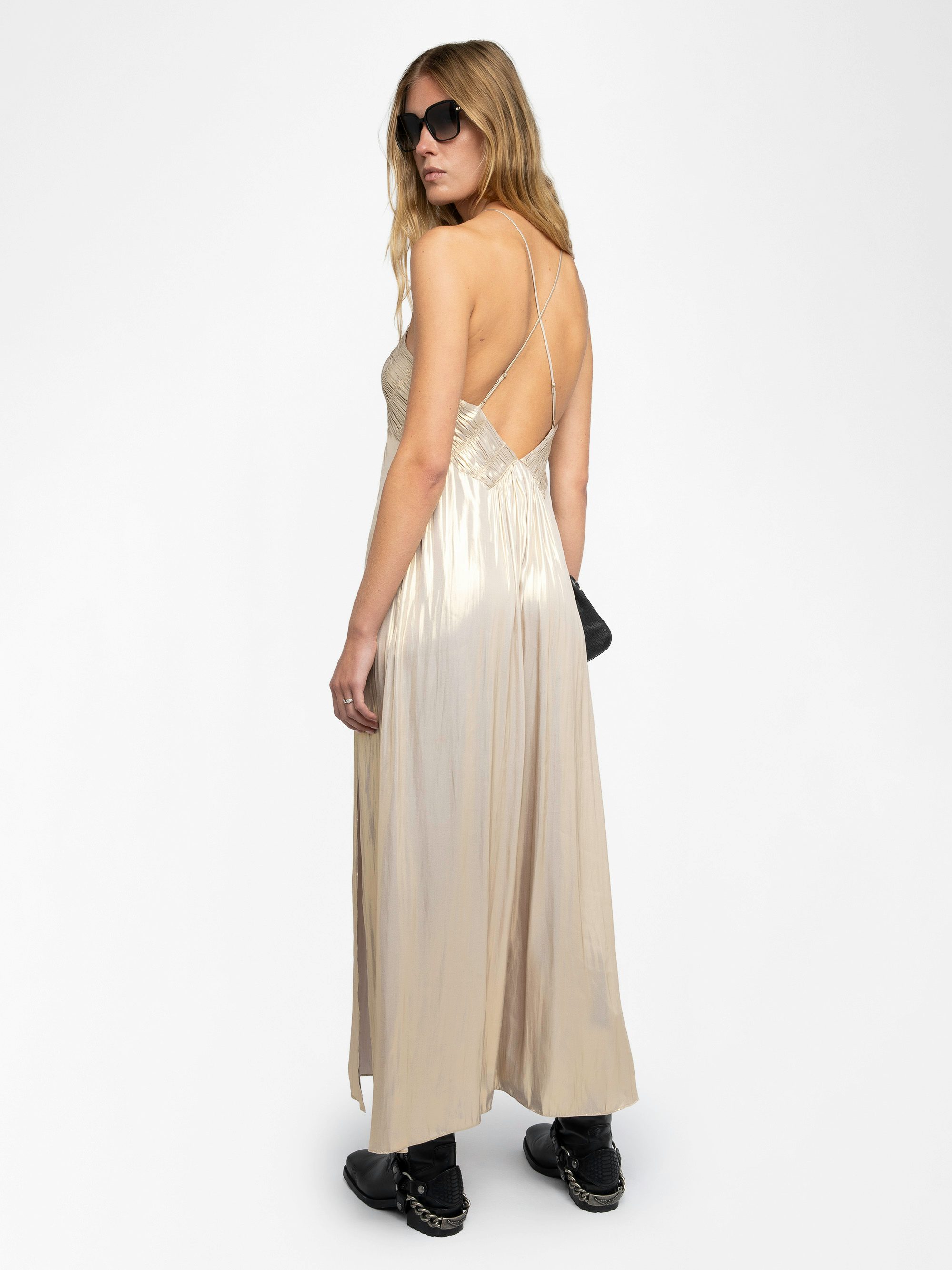 Satin Rayon Dress - Long pleated lingerie-inspired dress in satin, with slit and adjustable cross-over straps.